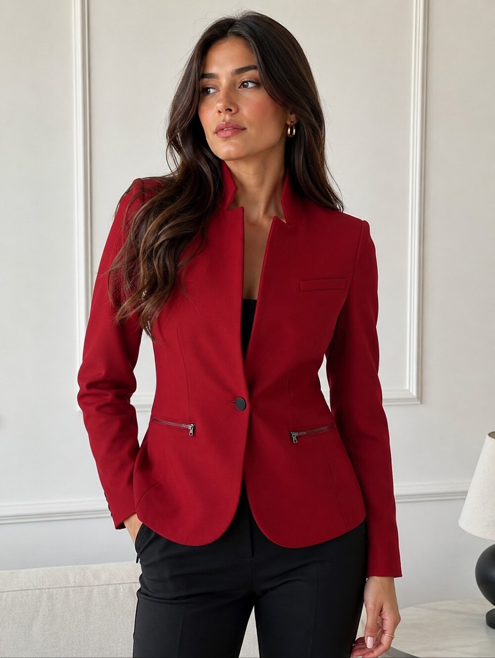 💖Sm Paper Tee Red Blazer p2p17 L23 2 zipped pockets good condition